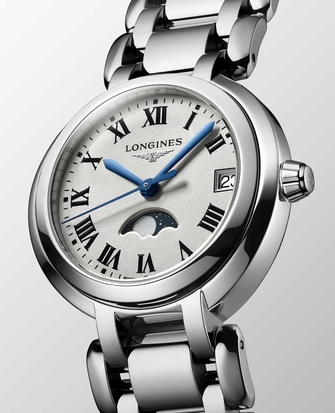 Longines Longines PrimaLuna L8.115.4.71.6, primaluna швейцария женские часы на браслете нержавеющая сталь боковой вид